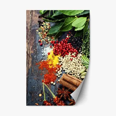 Adesivo riposizionabile composizione di spezie ed erbe aromatiche su legno rustico • Wallissimo®