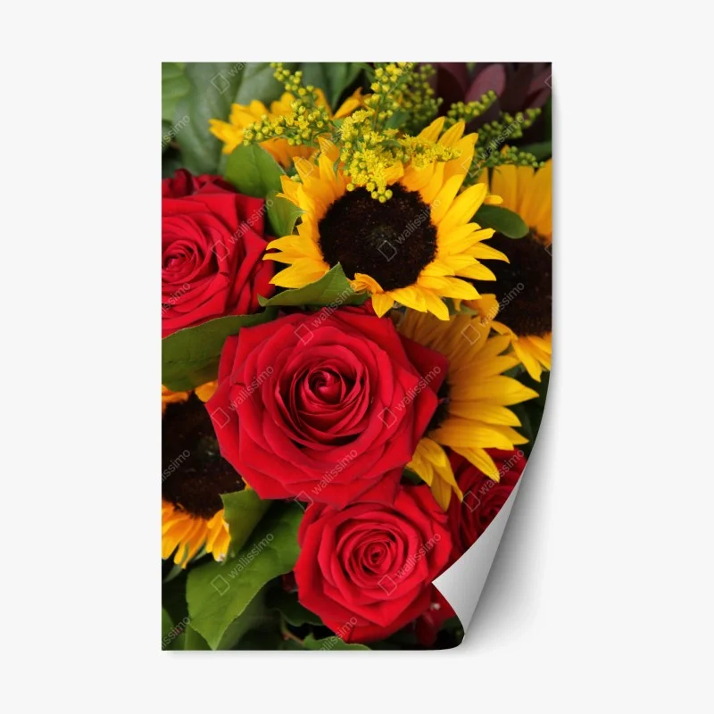 Adesivo riposizionabile fiori vivaci: rose rosse e girasoli