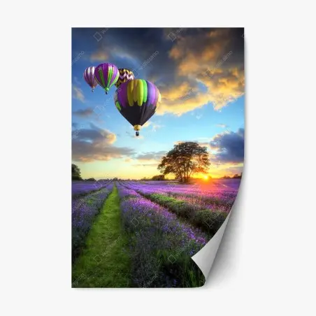 Adesivo riposizionabile tramonto di lavanda e mongolfiere sulla campagna • Wallissimo®