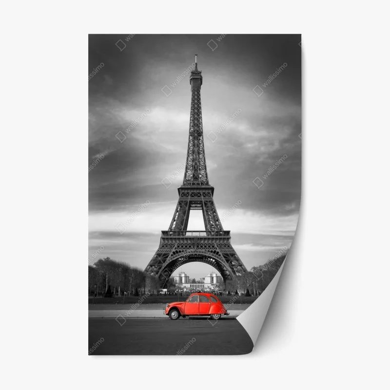 Adesivo riposizionabile paesaggio urbano monocromatico a Parigi con auto rossa e Torre Eiffel