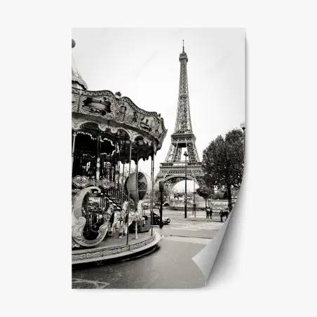 Adesivo riposizionabile magica vista di Parigi con la Torre Eiffel e giostra d'epoca • Wallissimo®