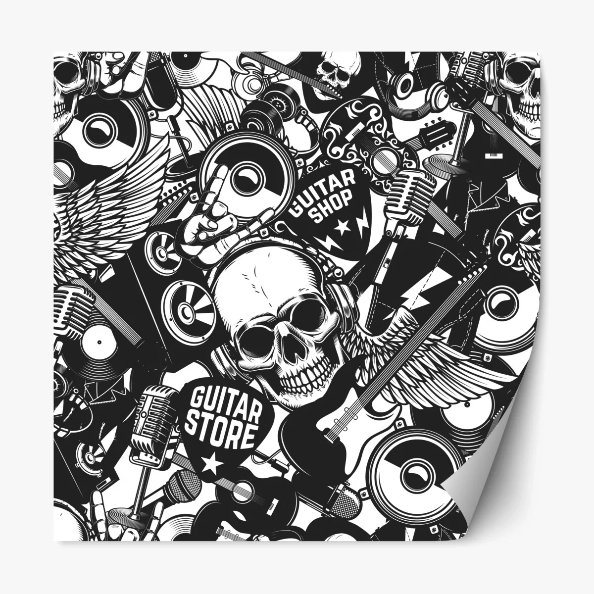 Adesivo riposizionabile motivo rock teschi e chitarre in bianco e nero • Wallissimo® Adesivo riposizionabile motivo rock teschi e chitarre in bianco e nero • Wallissimo®