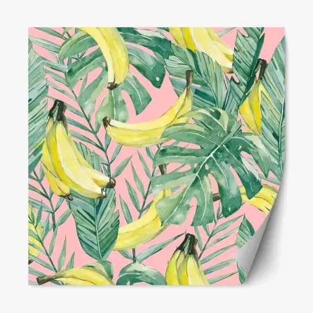 Adesivo riposizionabile motivo tropicale banane e foglie acquerello su sfondo rosa • Wallissimo®