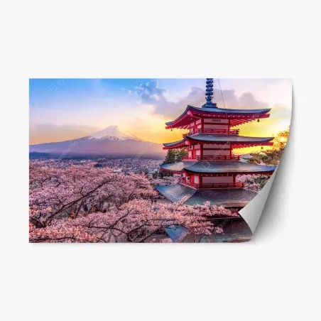 Adesivo riposizionabile fioritura di ciliegi e pagoda Chureito a Fujiyoshida con Monte Fuji al tramonto • Wallissimo®