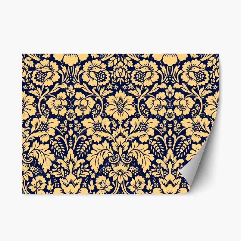 Adesivo riposizionabile motivo damascato floreale oro su fondo blu