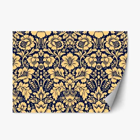 Adesivo riposizionabile motivo damascato floreale oro su fondo blu • Wallissimo®
