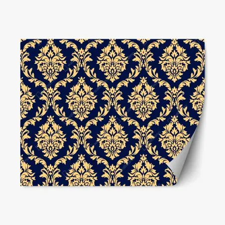 Adesivo riposizionabile motivo damasco oro su sfondo blu navy • Wallissimo®