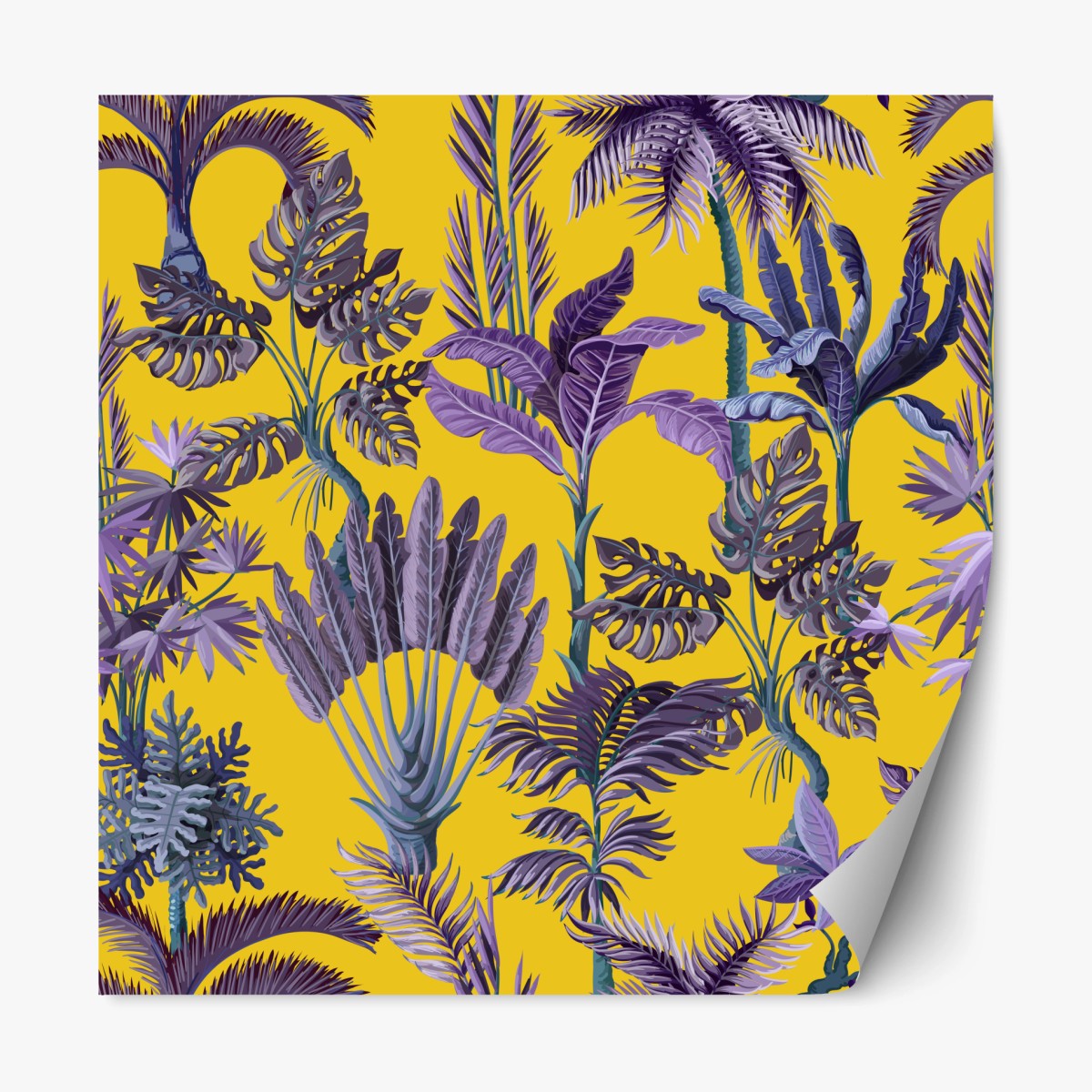 Adesivo riposizionabile giungla tropicale viola su sfondo giallo • Wallissimo®