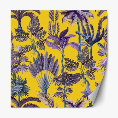 Adesivo riposizionabile giungla tropicale viola su sfondo giallo • Wallissimo®