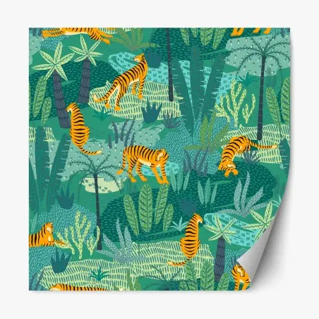 Adesivo riposizionabile tigri nella giungla tropicale • Wallissimo®