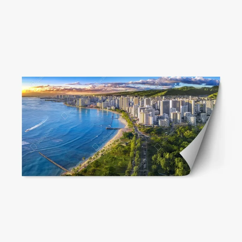 Adesivo riposizionabile vista aerea di Waikiki al tramonto