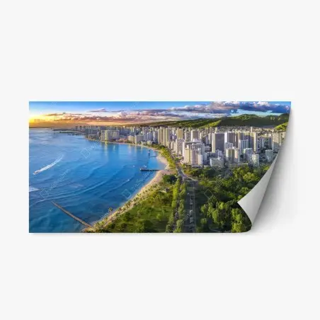 Adesivo riposizionabile vista aerea di Waikiki al tramonto • Wallissimo®