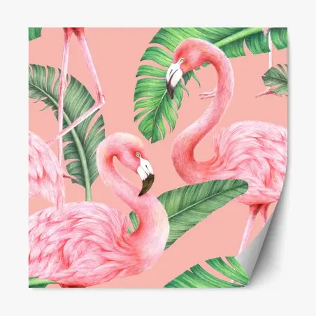 Adesivo riposizionabile motivo fenicotteri tropicali su sfondo rosa • Wallissimo®