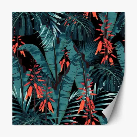 Adesivo riposizionabile motivo tropicale notturno con foglie turchesi e fiori corallo • Wallissimo®