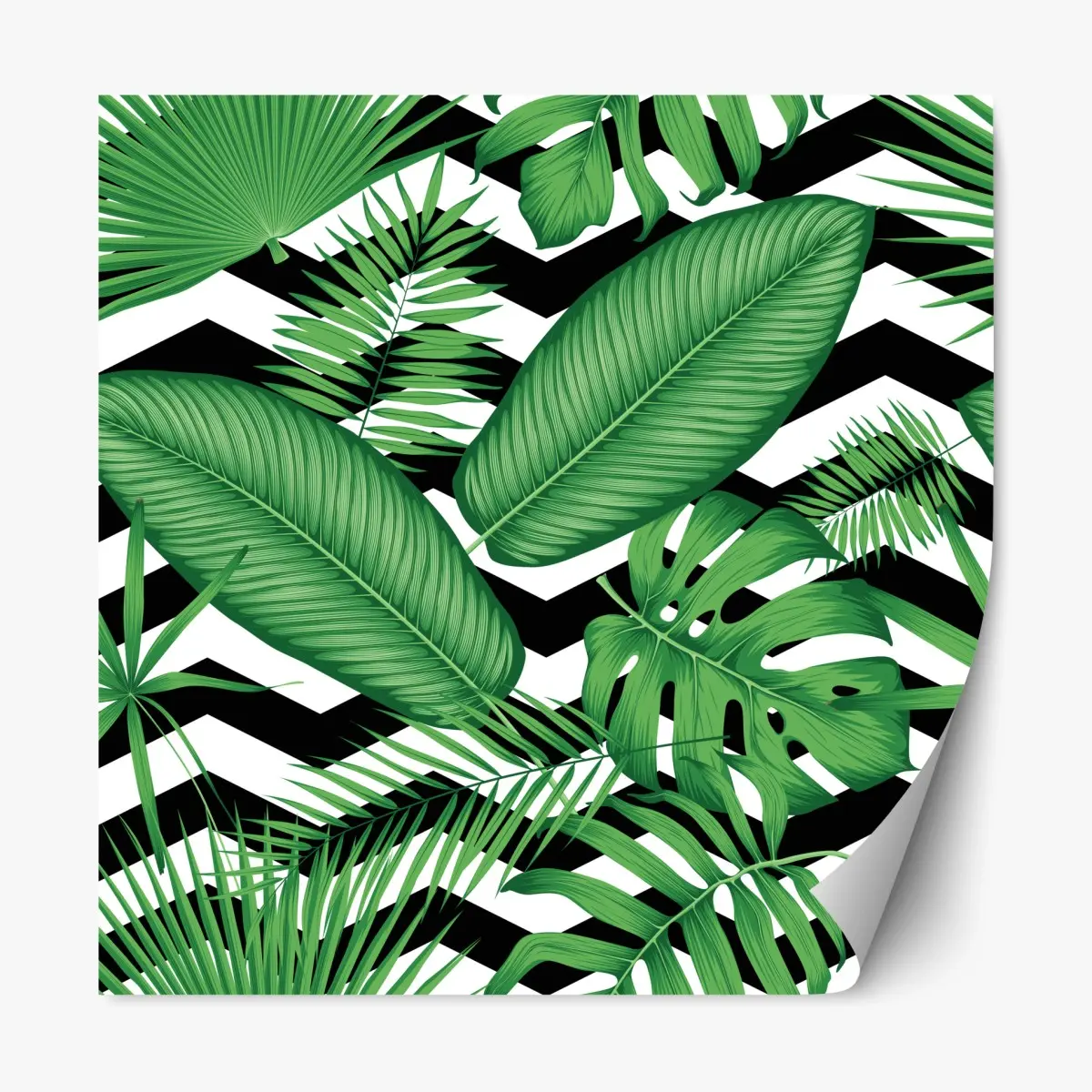 Adesivo riposizionabile grafica tropicale con foglie verdi su motivo zigzag • Wallissimo®