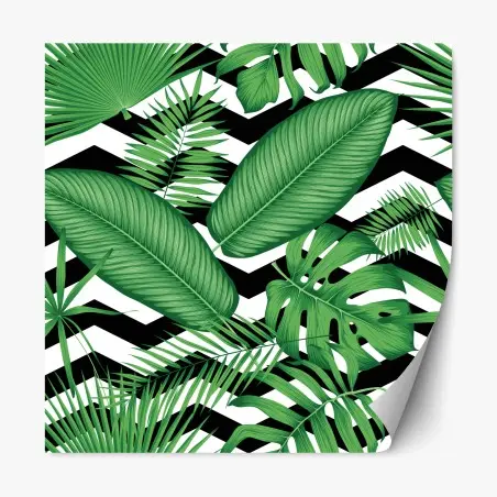 Adesivo riposizionabile grafica tropicale con foglie verdi su motivo zigzag • Wallissimo®