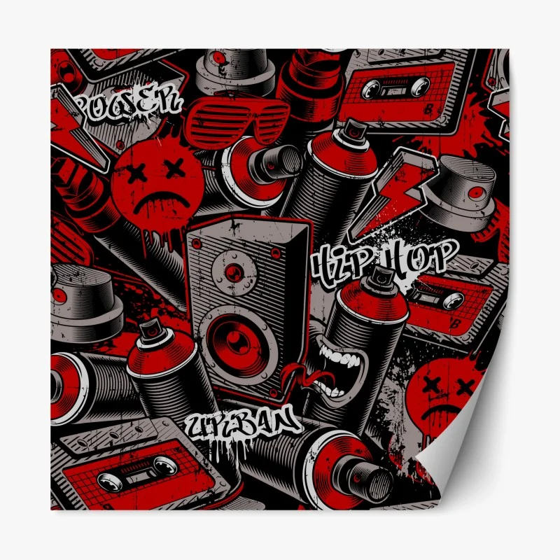 Adesivo riposizionabile murale urbano graffiti e hip hop in rosso e nero