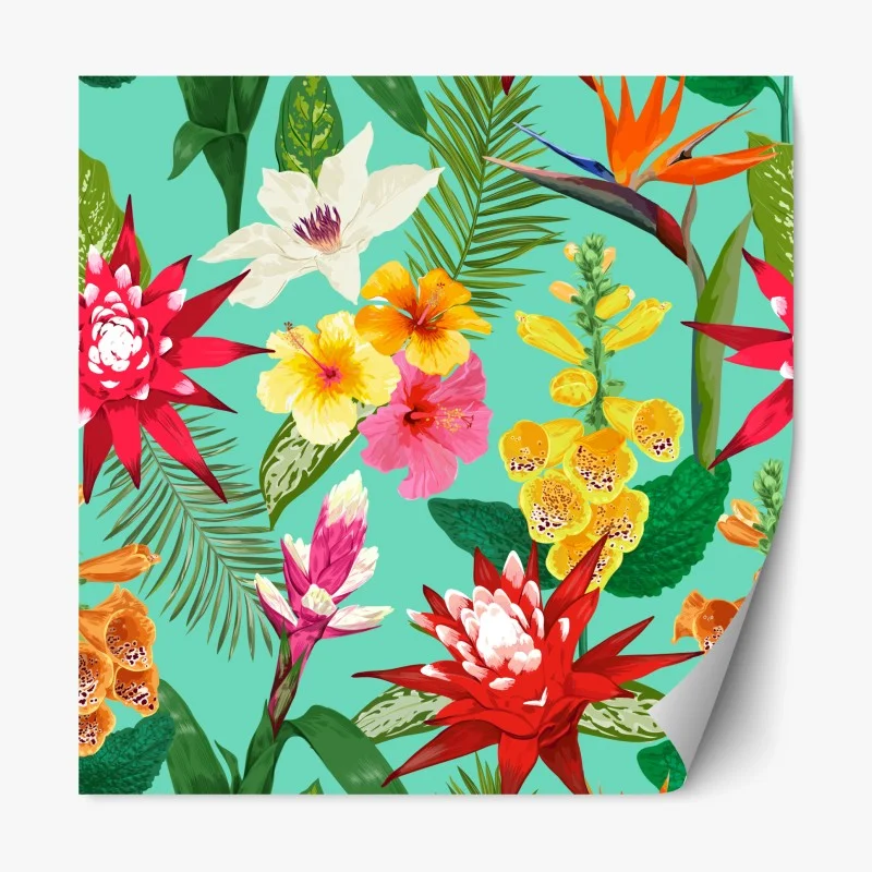 Adesivo riposizionabile paradiso floreale tropicale su sfondo turchese