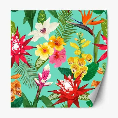 Adesivo riposizionabile paradiso floreale tropicale su sfondo turchese • Wallissimo®