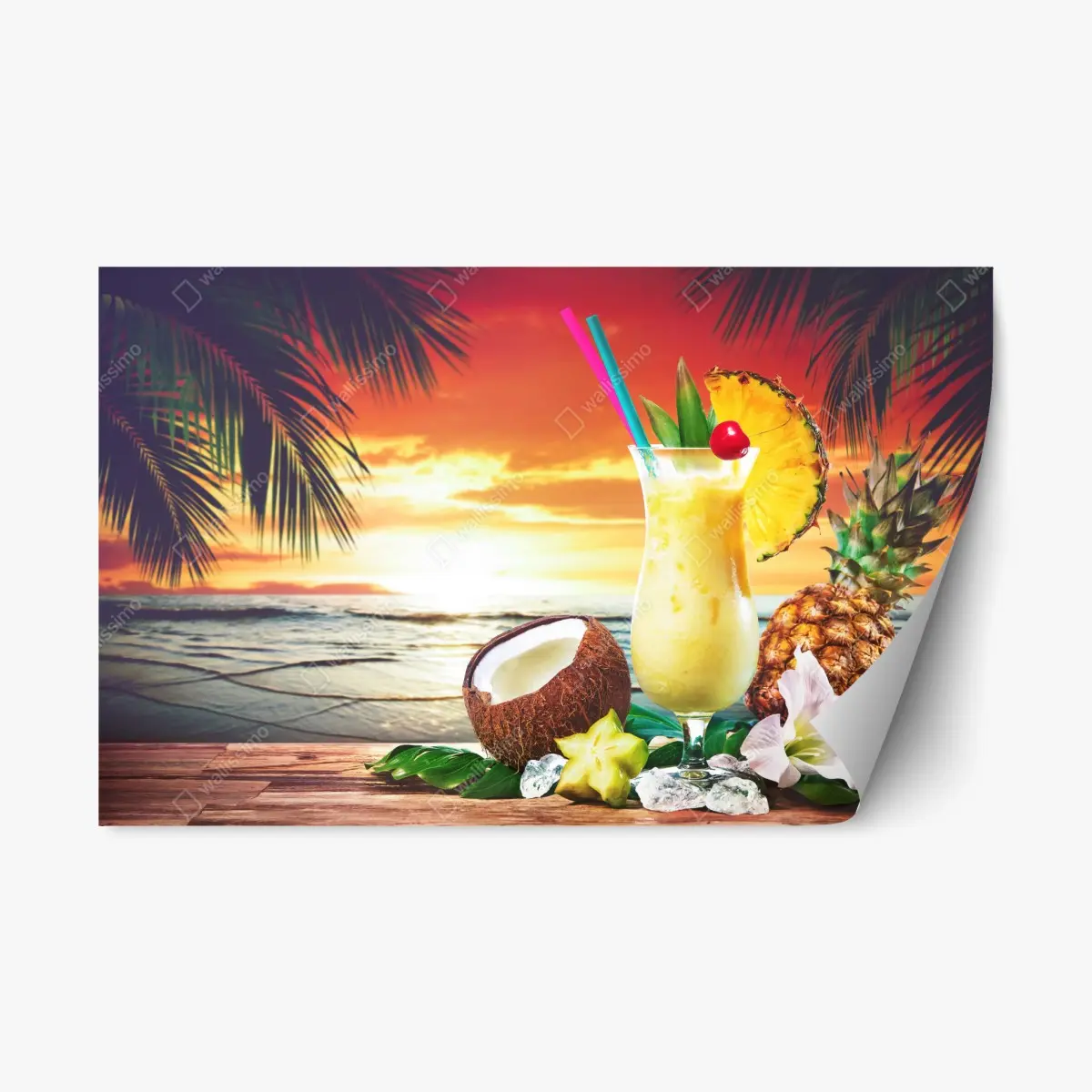 Adesivo riposizionabile tramonto tropicale con pina colada • Wallissimo®