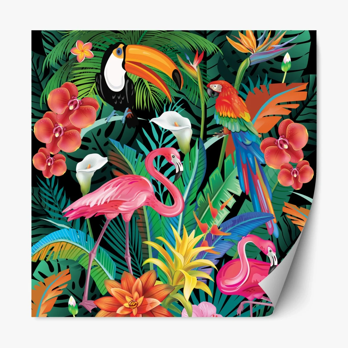 Adesivo riposizionabile vibrazioni tropicali: fauna e flora colorata • Wallissimo® Adesivo riposizionabile vibrazioni tropicali: fauna e flora colorata • Wallissimo®