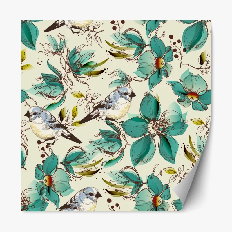 Adesivo riposizionabile motivo retrò di fiori e uccelli turchesi