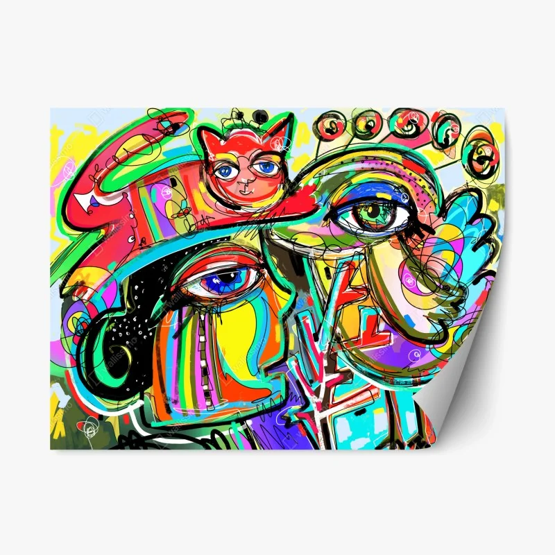 Adesivo riposizionabile ritratto astratto con gatto rosso e uccello