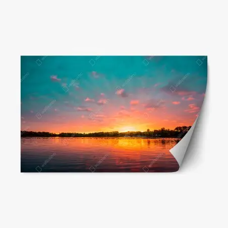 Adesivo riposizionabile tramonto vibrante sul lago • Wallissimo®