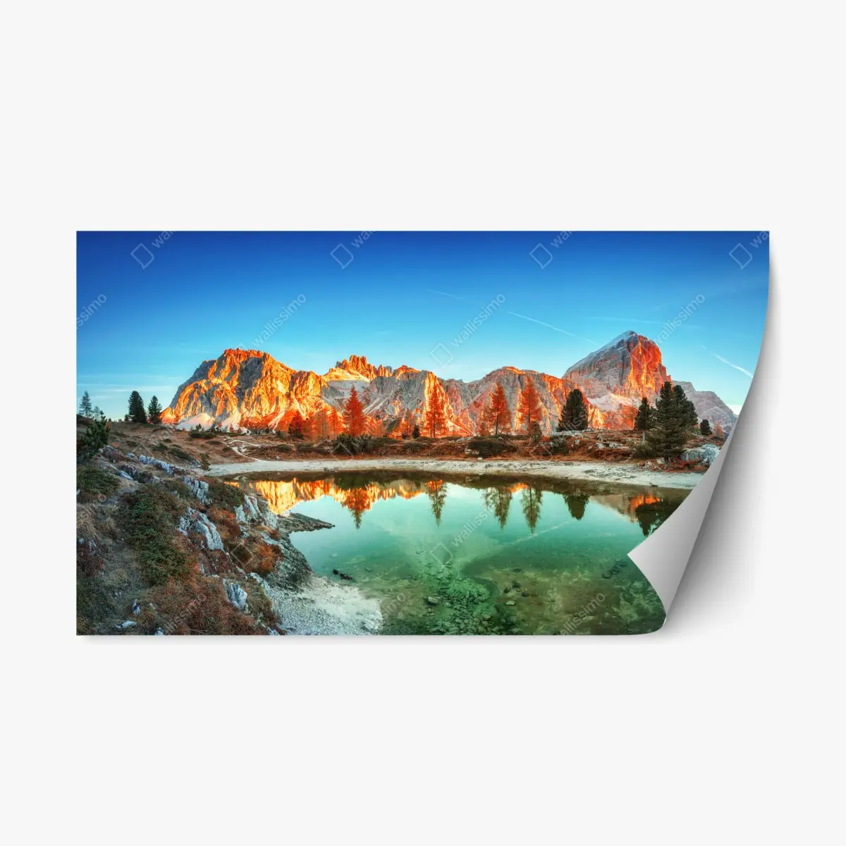 Adesivo riposizionabile tramonto sulle montagne con lago riflettente • Wallissimo®