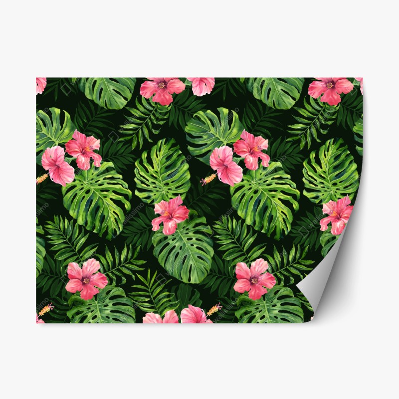 Adesivo riposizionabile motivo tropicale con foglie di monstera e hibiscus rosa
