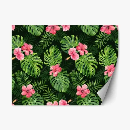 Adesivo riposizionabile motivo tropicale con foglie di monstera e hibiscus rosa • Wallissimo®
