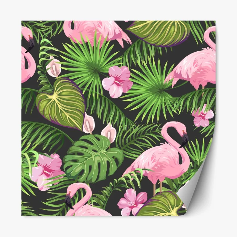 Adesivo riposizionabile motivo tropicale con fenicotteri e foglie verdi