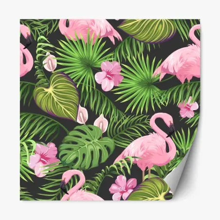 Adesivo riposizionabile motivo tropicale con fenicotteri e foglie verdi • Wallissimo®