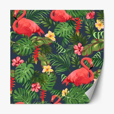 Adesivo riposizionabile fenicotteri tropicali e foglie esotiche • Wallissimo®