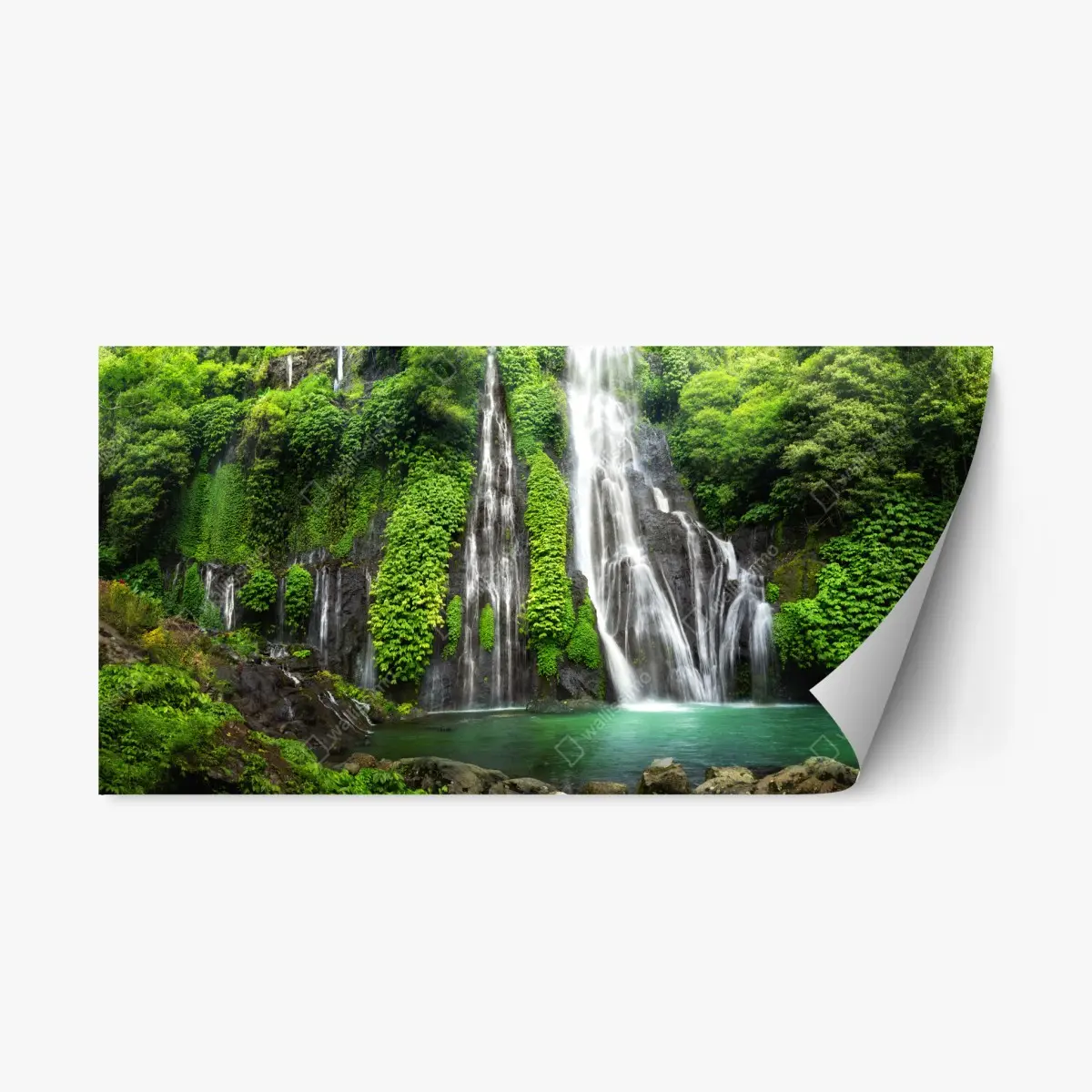 Adesivo riposizionabile cascata nella foresta verde • Wallissimo®
