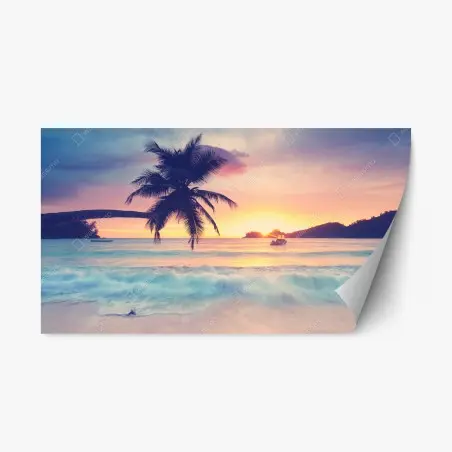 Adesivo riposizionabile tramonto tropicale con palma sul mare • Wallissimo®