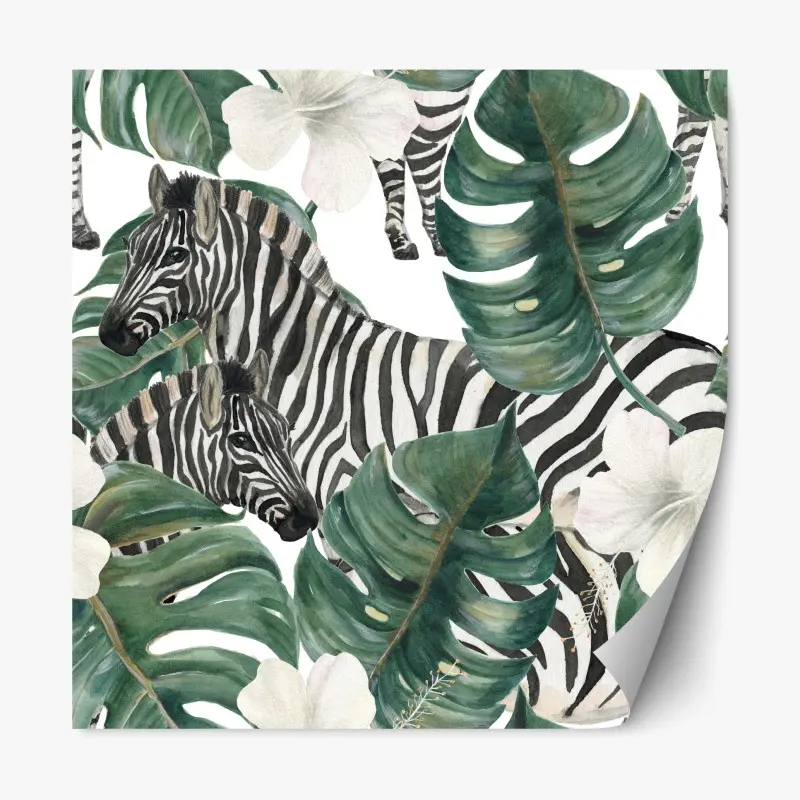 Adesivo riposizionabile motivo tropicale con zebre e foglie di monstera