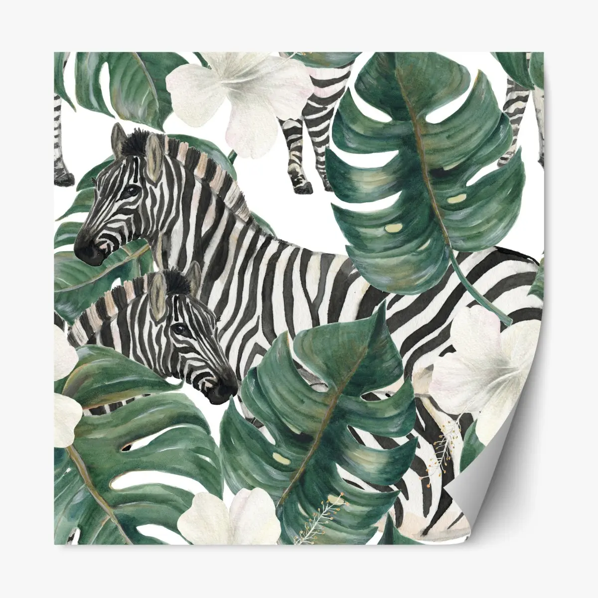 Adesivo riposizionabile motivo tropicale con zebre e foglie di monstera • Wallissimo®