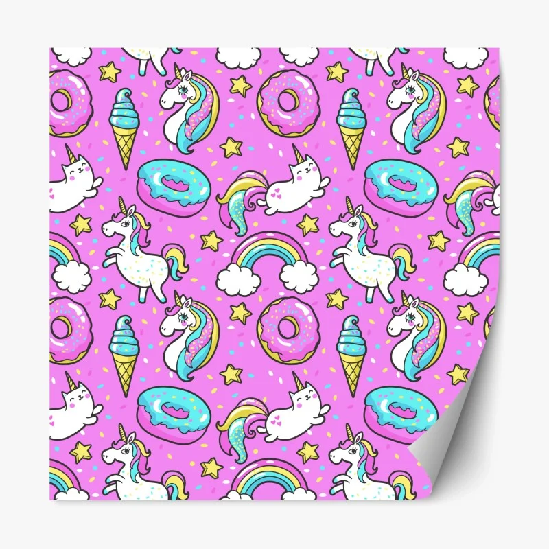 Adesivo riposizionabile magico motivo di unicorni, arcobaleni e dolci