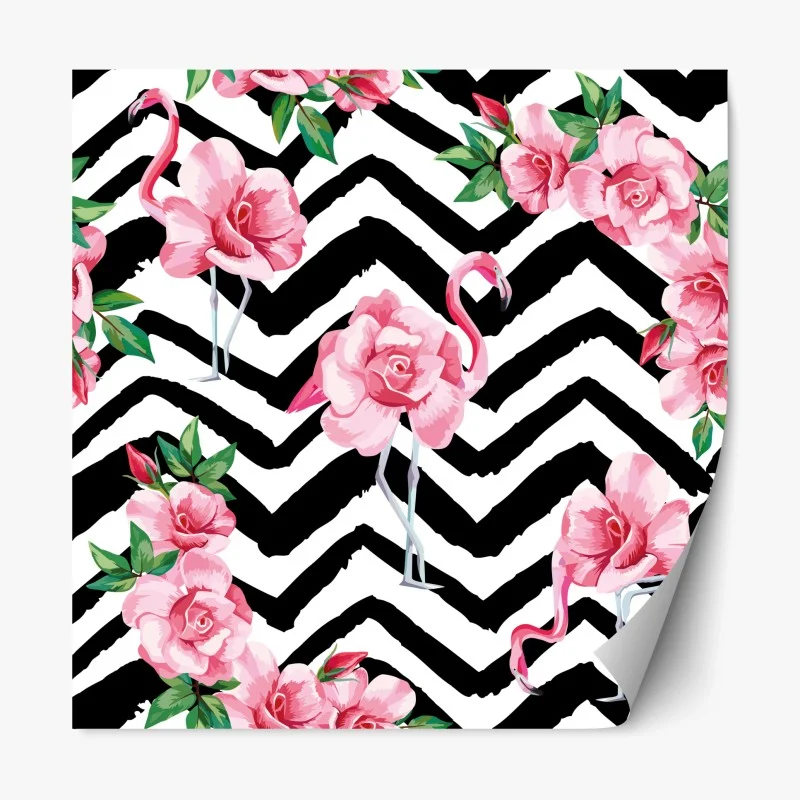 Adesivo riposizionabile fenicotteri rosa e rose su sfondo zigzag