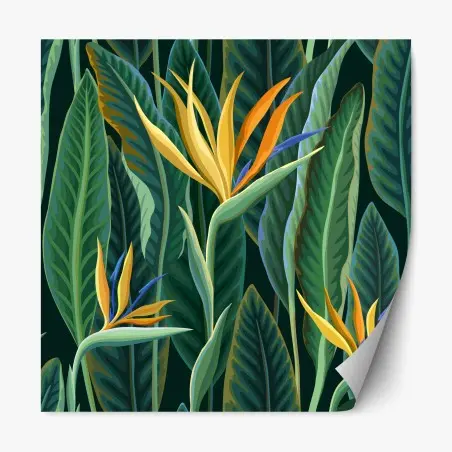 Adesivo riposizionabile fioritura esotica tra foglie tropicali • Wallissimo®