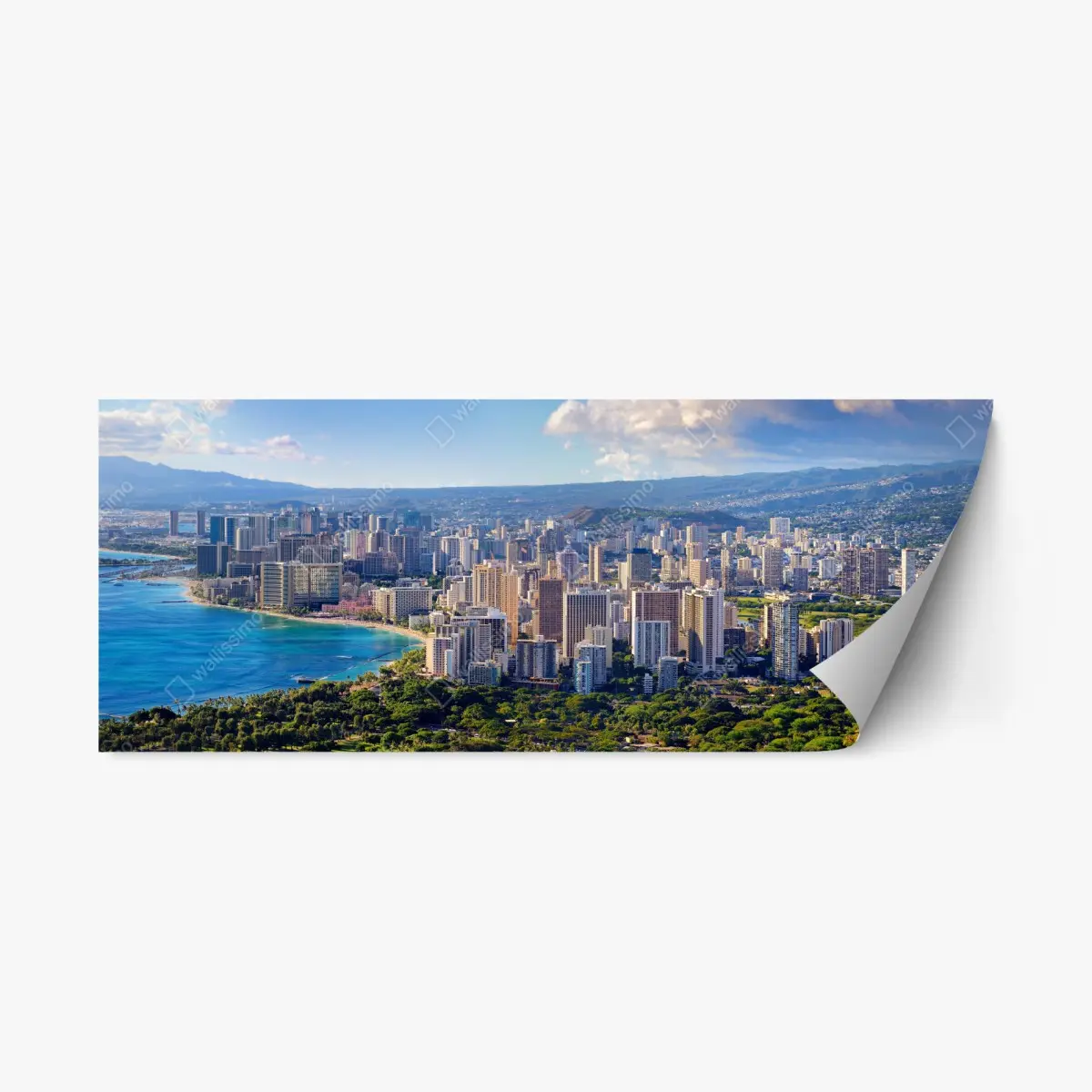 Adesivo riposizionabile vista panoramica di Waikiki: skyline e costa tropicale • Wallissimo®