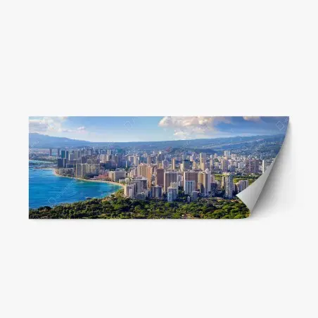 Adesivo riposizionabile vista panoramica di Waikiki: skyline e costa tropicale • Wallissimo®