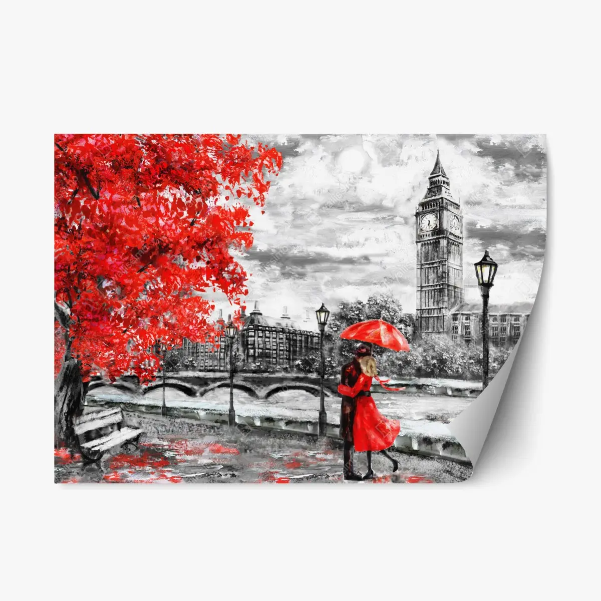 Adesivo riposizionabile abbraccio sotto la pioggia a Londra - Big Ben in rosso • Wallissimo® Adesivo riposizionabile abbraccio sotto la pioggia a Londra - Big Ben in rosso • Wallissimo®