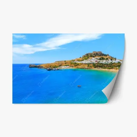 Adesivo riposizionabile panorama costiero mediterraneo con borgo e castello • Wallissimo®