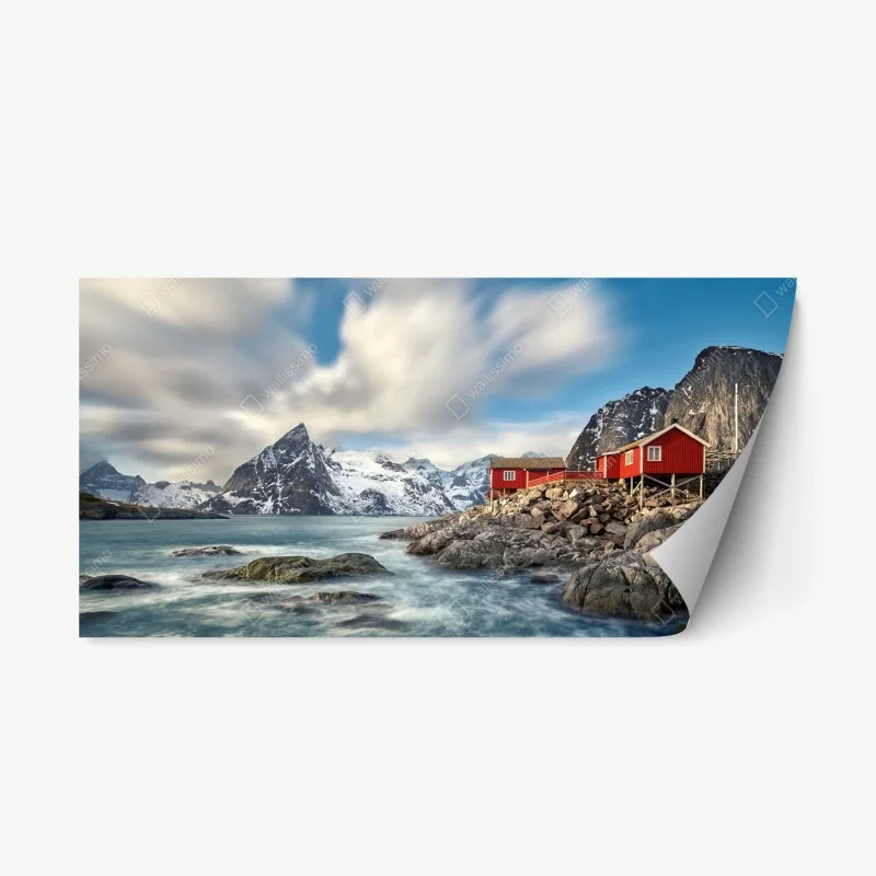 Adesivo riposizionabile rifugio rosso sul fiordo innevato