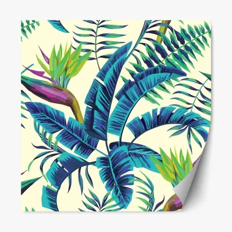 Adesivo riposizionabile foglie tropicali blu e fiori esotici • Wallissimo®