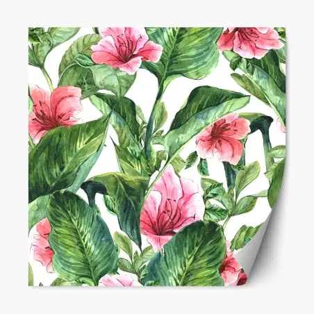 Adesivo riposizionabile motivo botanico tropicale con fiori rosa • Wallissimo®