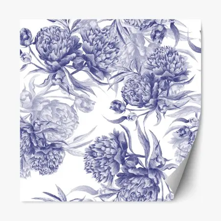 Adesivo riposizionabile motivo elegante di peonie blu su sfondo bianco • Wallissimo®