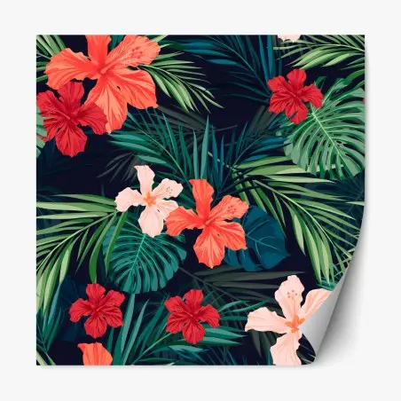 Adesivo riposizionabile giungla tropicale di hibiscus e foglie esotiche • Wallissimo®